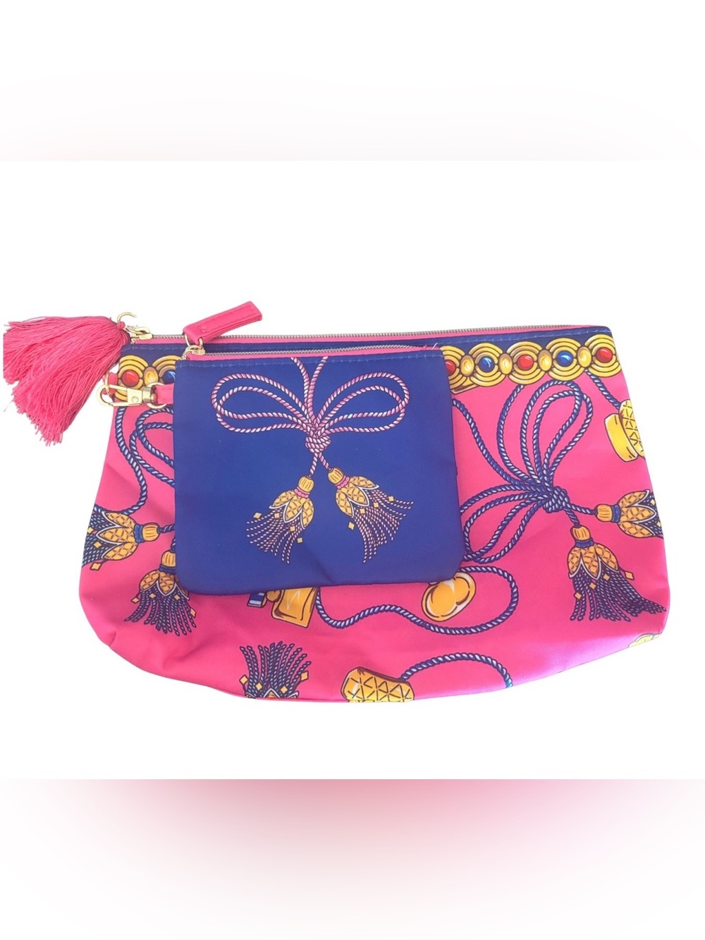 Estée Lauder Pink and Blue Rope Tassel Print Cosmetic Pouch Set